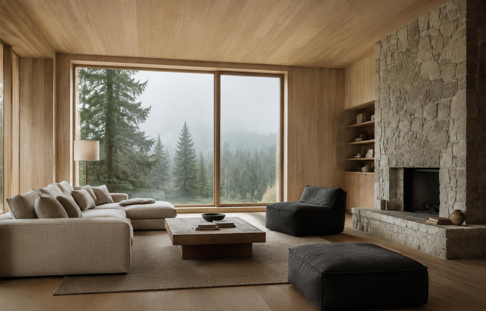 The living room — pale timber, stone hearth and the forest through glass