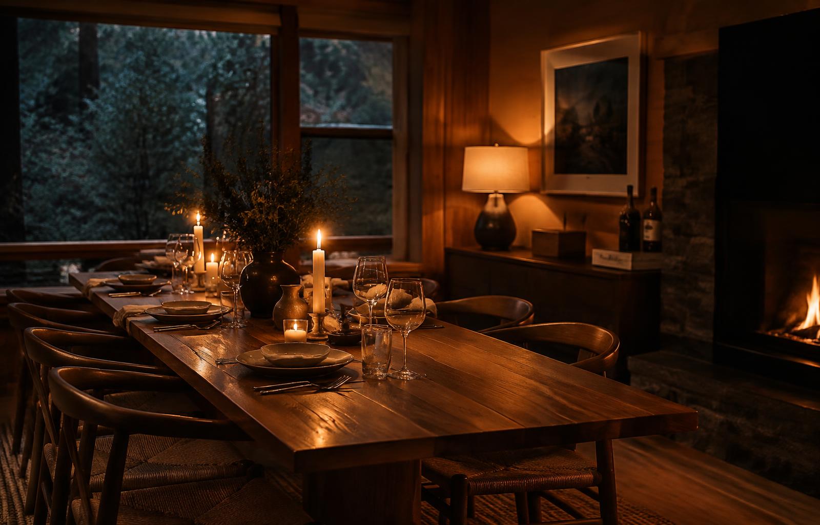 The timber dining room set for a private dinner by candlelight