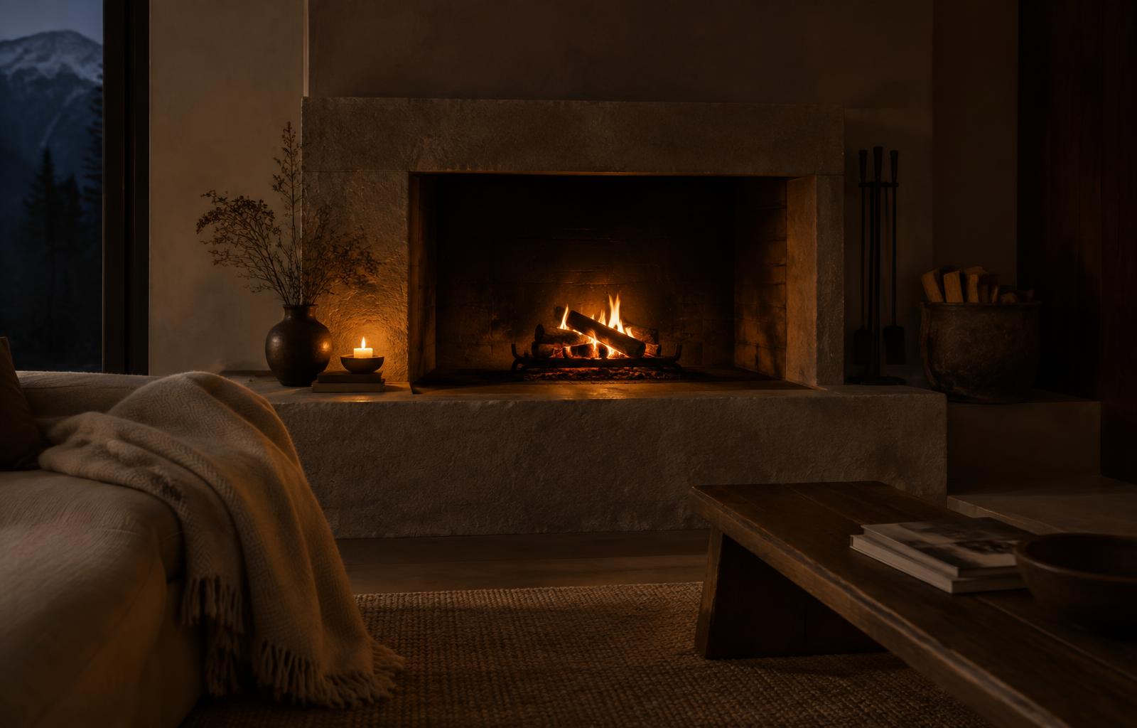 Low flames in the stone hearth as the forest goes dark