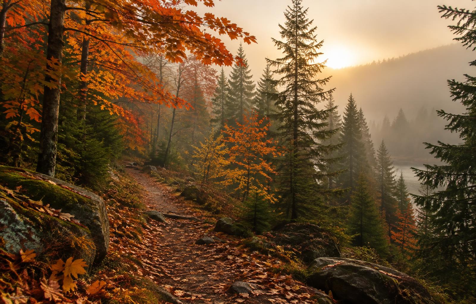A forest trail through autumn maple woods above the lake