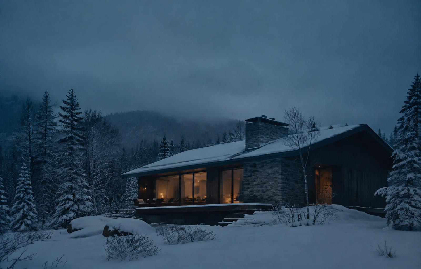 Luma House at dusk in winter, lamplight glowing among snow-covered spruce