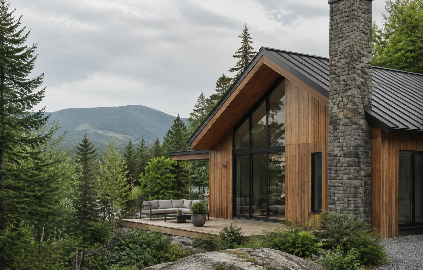 The house in summer — cedar cladding and stone chimney above the lake