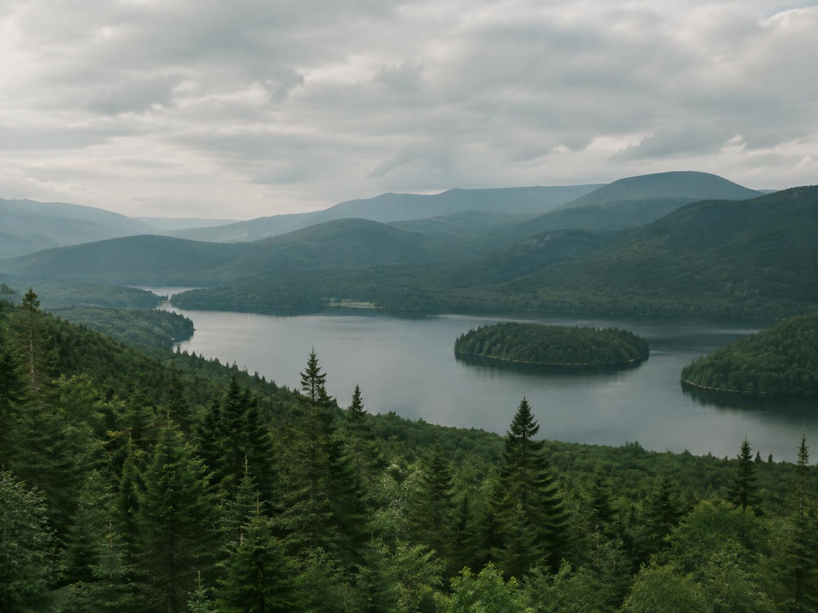 Deep green summer forest over the lake