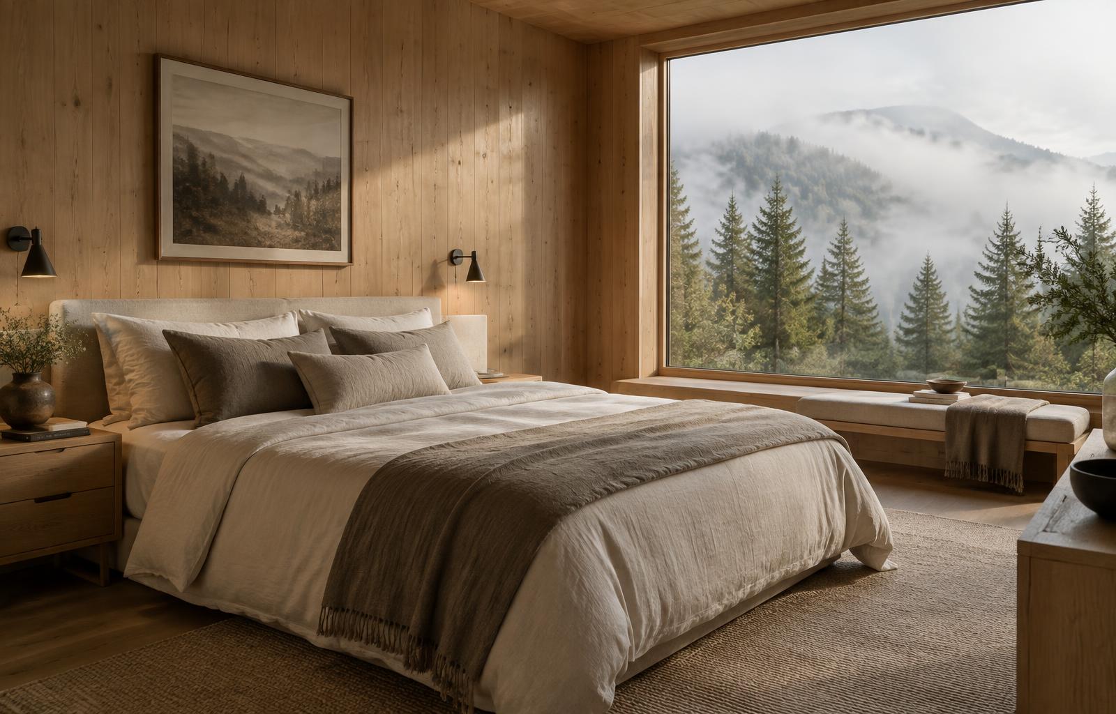 The Forest Suite — pale timber bedroom with a view over the mountains