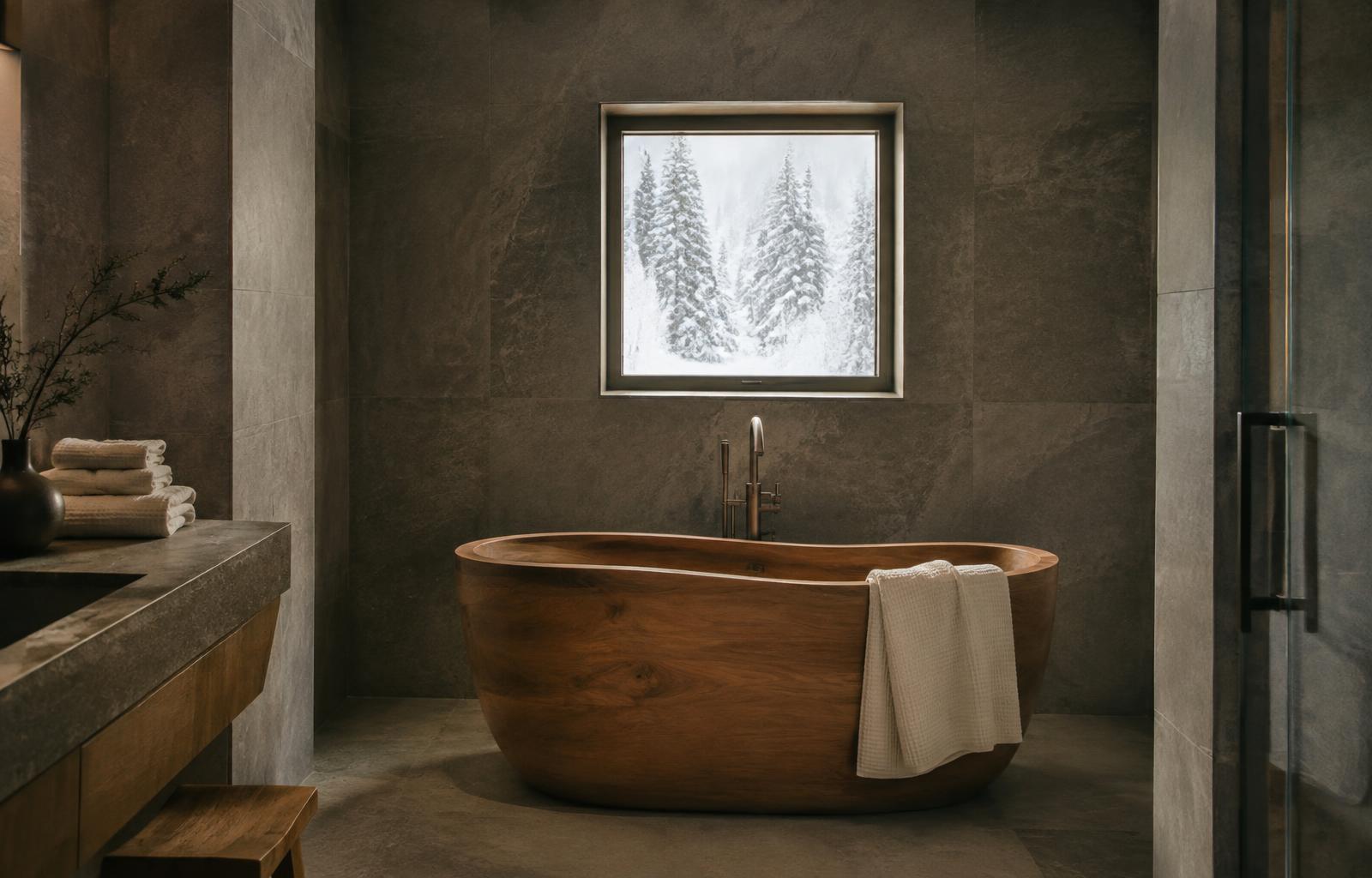 The bath — a carved wooden tub in a stone room, snow outside the window