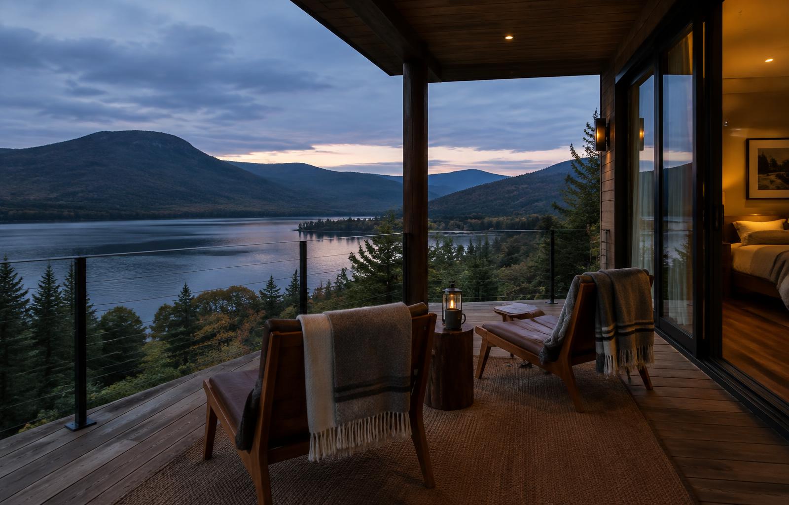 The terrace at dusk, wool blankets and the lake below